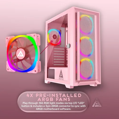 Vista 3 de Estuche Apevia Inspire-PK Inspire de torre media ATX para PC Gaming con 4 ventiladores ARGB de 120 mm, 366 modos de luz RGB, 1 panel frontal