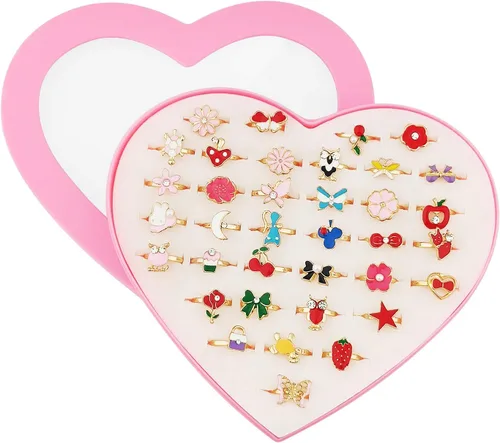 Juego de 36 anillos ajustables en caja, sin duplicación, para niños y niñas, juego de joyas con vitrina en forma de corazón, (A), Metal, Diamantes