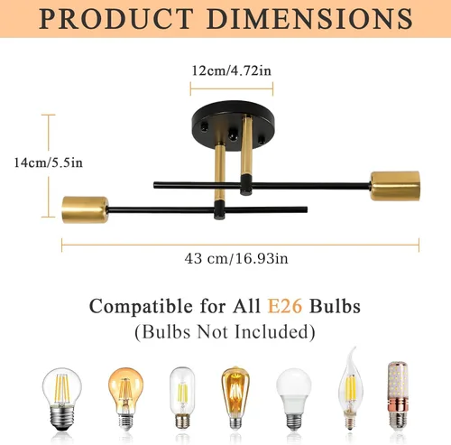 Vista 2 de Sputnik - Lámpara de techo semiempotrada con 2 luces Sputnik para dormitorio, comedor, baño, pasillo, sala de estar