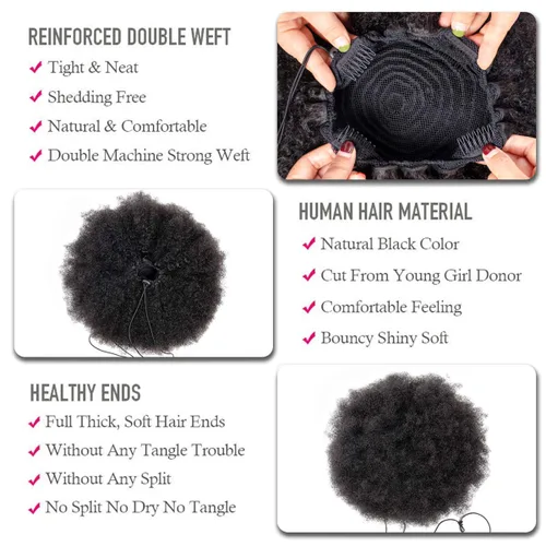 Vista 3 de WENYU Moño Afro Hinchado con Cordón Cola de Caballo Cabello Humano Moño Para Mujeres Negras 8A Brasileño Virgen Afro Rizado Rizado Extensión de Cola