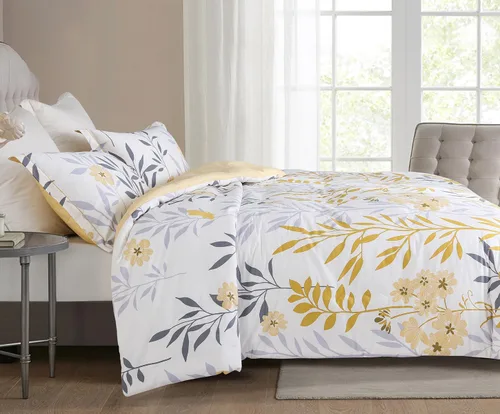 Vista 2 de Sleepbella - Edredón individual, algodón de 600 hilos, diseño de ramas y hojas grises con flores amarillas, diseño reversible en naranja, relleno
