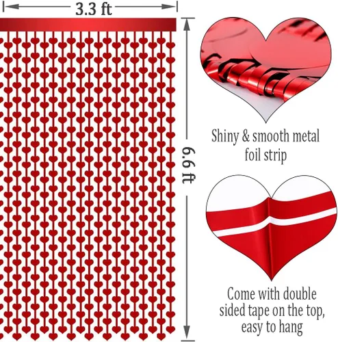 Vista 2 de Abien Cortinas de oropel de corazón, decoraciones de corazón, serpentinas rojas para decoración de fiesta de San Valentín, telón de fondo