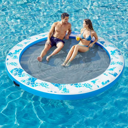 Vista 33 de 6-12FT Round Inflatable Floating Dock, Sunchill Float Ring, Water Hammock Tanning Pool Floats with Woven Fabric, Manual Pump for Quick