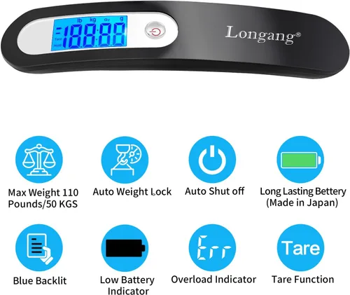 Vista 3 de Báscula digital colgante para equipaje de 110 libras con retroiluminación para viajes, mango de pintura de goma y batería incluida