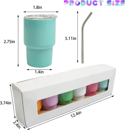 Vista 2 de S-SNAIL-OO Mini vaso de chupito con pajilla, sublimación de doble capa de metal, lindo juego de vasos de chupito de 3 onzas con tapas para bebidas