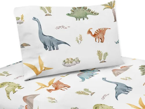 Sweet Jojo Designs Juego de sábanas tamaño individual de 3 piezas (dinosaurio de dinosaurio en acuarela) para niños, niños, adolescentes, incluye