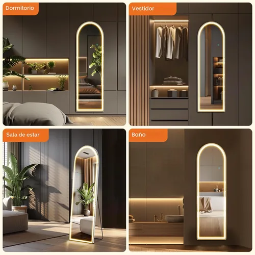 Vista 6 de Sweetcrispy Espejo Arqueado de Cuerpo Entero con Luces LED, Espejo de Piso Iluminado de 63"x21" con Atenuación e Iluminación de 3 Colores, Soporte