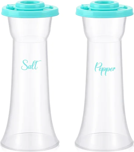 Vista 12 de Juego de 2 saleros y pimenteros de plástico con tapas, grandes cubiertos con reloj de arena a prueba de humedad, recipiente para el hogar