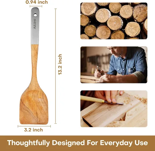 Vista 2 de AIUHI Espátula de madera de alta calidad, espátula de madera de teca natural para cocinar, espátula de wok de acabado liso grande y duradera