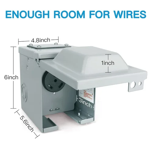 Vista 7 de Caja de toma de corriente RV de 30 amperios y 125 voltios, cerrada, con cerradura, resistente a la intemperie, NEMA TT-30R, panel de receptáculo