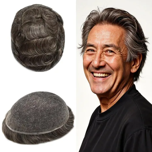 Vista 71 de Toupee para hombres, sistema de reemplazo de piezas de cabello humano real, encaje suizo suave, encaje frontal para hombres, pieza de pelo tipo