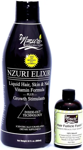 Nzuri Elixir Hair Skin and Nail con vitamina D – 32 onzas + alimento para folículos pilosos Nzuri 61 – Aceite de crecimiento del cabello Ancient