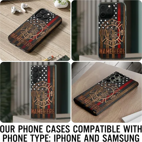 Vista 6 de Funda de teléfono personalizada con bandera estadounidense de madera, diseño de bombero de línea roja, diseño de bombero, regalo personalizado