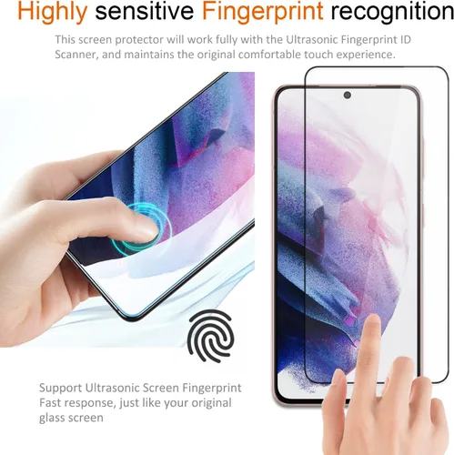 Vista 3 de [Paquete de 2+2] Protector de pantalla de vidrio templado para Samsung Galaxy S21 con protector de lente de cámara, desbloqueo de huellas