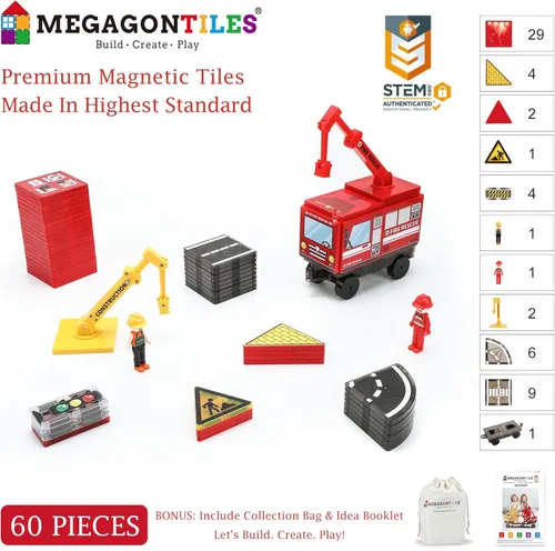Vista 2 de MEGAGONTILES Juego de 60 azulejos magnéticos para estación de bomberos Bloques de construcción magnéticos STEM con camiones de bomberos y grúas