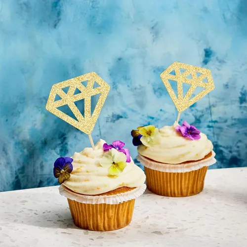 Vista 6 de 24 piezas de anillos de diamantes para cupcakes, anillos de boda con purpurina dorada para boda, compromiso, aniversario, fiesta de San Valentín
