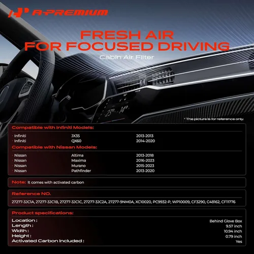 Vista 2 de A-Premium Filtro de aire de cabina de 2 piezas con carbón activado compatible con modelos Nissan e Infiniti - Altima 2013-2018, Murano 2015-2023