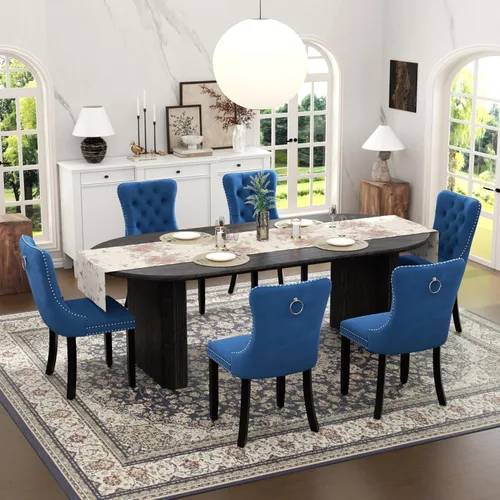 Vista 26 de Juego de mesa de comedor ovalada extensible con 4 sillas tapizadas de terciopelo de alta gama, mesa de cocina de 59 a 91 pulgadas y sillas