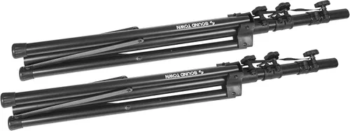 Vista 4 de Sound Town Paquete de 2 soportes de iluminación para DJ, altura ajustable, 9 pies de alto, con barras laterales y base de trípode (STLS-M09-PAIR)