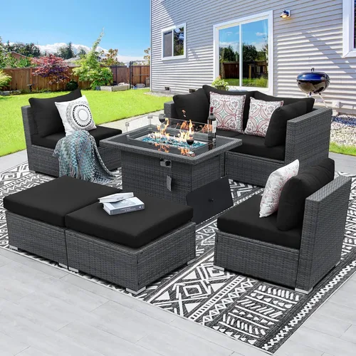 Vista 50 de BULEXYARD Juego de muebles de exterior de respaldo alto de 7 piezas con hoguera, juego de sofá de patio de mimbre duradero para todo tipo de clima