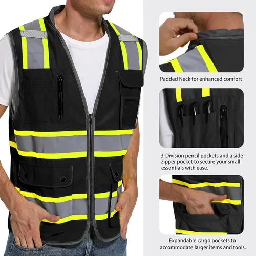 Vista 3 de Chaleco de seguridad reflectante para hombres y mujeres, chaleco de construcción de alta visibilidad, tiras reflectantes de doble tono