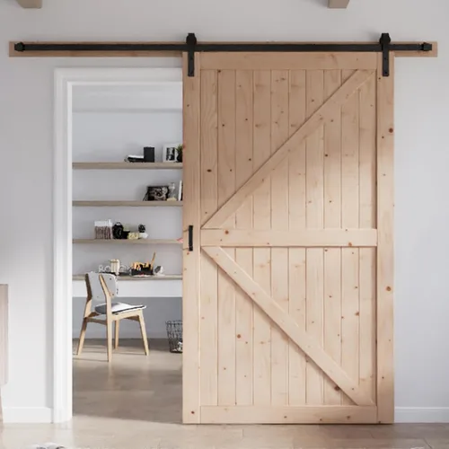 Vista 34 de FREDBECK Puerta corredera de granero de 34 x 84 pulgadas con kit de herramientas de 6 pies incluido, panel de abeto macizo en forma de K, necesita