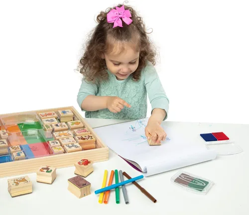 Vista 3 de Melissa & Doug Juego de sellos de madera de lujo: animales - 30 sellos, 6 marcadores, 2 almohadillas de sello