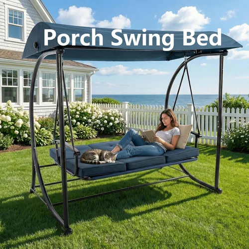 Vista 6 de Columpio de porche con toldo, columpios al aire libre con soporte, cama de columpio de patio con cojines, banco de columpio para 3 personas