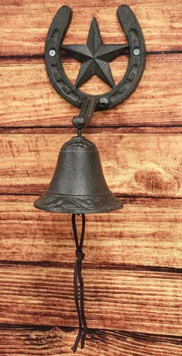 Vista 8 de Ebros Gift Campana de hierro fundido rústico vintage con estrella occidental para puerta, pared, cena, patio, campanas al aire libre