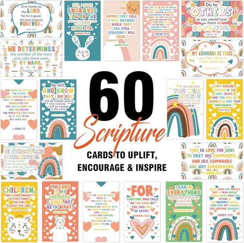 Vista 2 de 60 mini tarjetas de oración para niños con versículos bíblicos inspiradores surtidos, tarjetas de aliento religioso, tarjetas de escritura