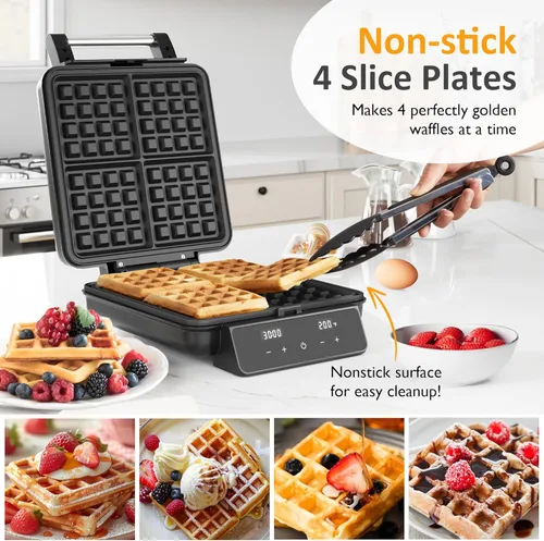Vista 2 de Sunvivi Waffle Maker 4 rebanadas con calentamiento rápido, control de tiempo y temperatura, pantalla LCD, superficie antiadherente, acero