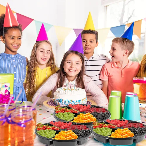 Vista 6 de Baderke Paquete de 10 bandejas redondas de plástico de 10 pulgadas, 6 bandejas seccionales de plástico para aperitivos con tapa, platos redondos