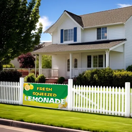 Vista 4 de HunnmingRe Cartel de vinilo de limonada de 2 x 4 pies, soporte de limonada recién exprimida, suministros de bandera de limón para interiores
