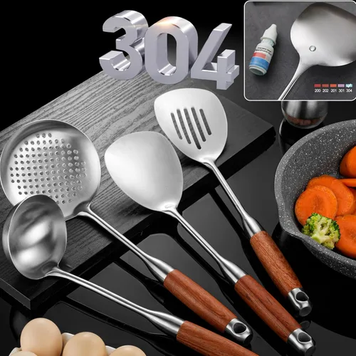 Vista 4 de Juego de utensilios de cocina de acero inoxidable con mango de madera, juego de utensilios de cocina de metal, 12 piezas, espátulas, cucharón