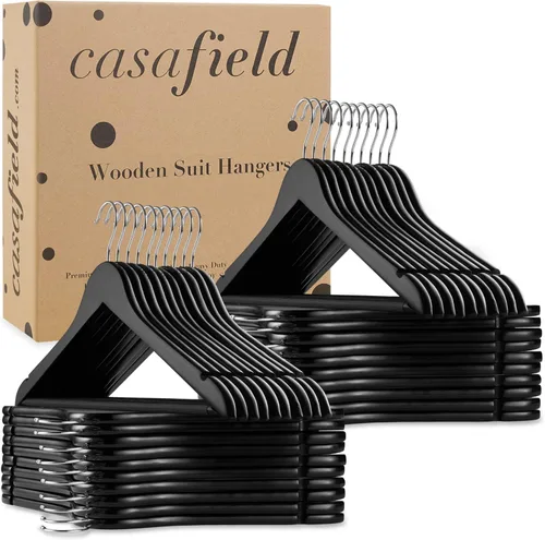 Vista 7 de Casafield - 10 Perchas de Madera Negra para Trajes - Madera de Loto Premium con Muescas y Gancho Giratorio Cromado para Ropa de Vestir, Abrigos