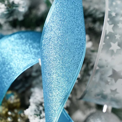 Vista 6 de MEEDEE Cinta de Navidad turquesa de 2.5 pulgadas, 6 rollos, 36 yardas, azul y plateado para árbol de Navidad