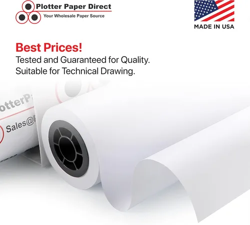 Vista 3 de Plotter Paper Direct Papel de trazador blanco sin recubrimiento de 24 pulgadas x 150 pies, 20 libras, núcleo de 2 pulgadas, blanco brillante 96