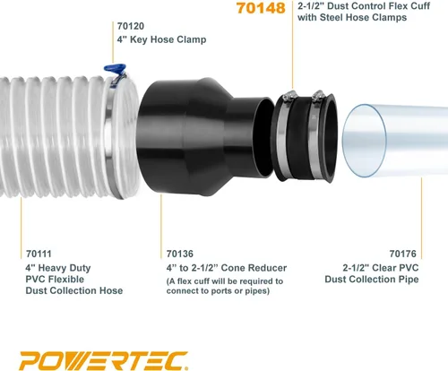 Vista 9 de POWERTEC 70148V - Manguito flexible de control de polvo de 2-1/2 pulgadas con abrazaderas de manguera de acero, conector de manguera, acoplador