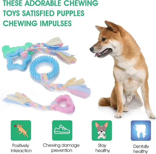 Vista 3 de Cobee Juguetes masticables de dentición para cachorros, 4 piezas de cuerdas interactivas de algodón para perros pequeños, juguetes de goma