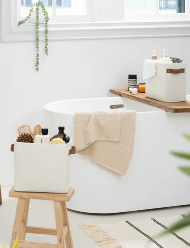 Vista 7 de StorageWorks Contenedores de almacenamiento estrechos, cesta pequeña para armario y estantes, organizador rectangular de tela con asas, Beige