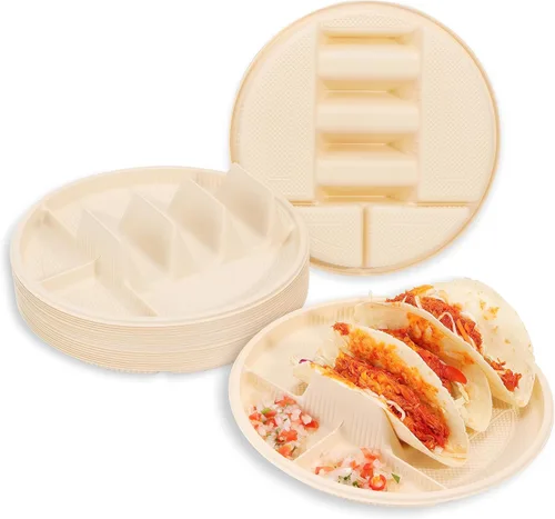 Vista 9 de Pequeños platos desechables para tacos con lados de inmersión, paquete de 100 unidades, soporte para tacos de almidón de maíz biodegradable