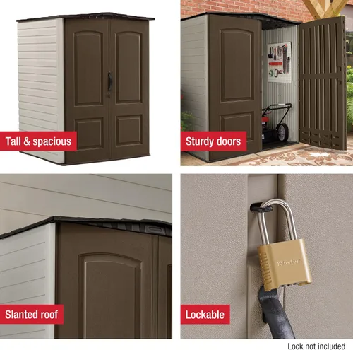 Vista 5 de Rubbermaid - Cobertizo de almacenamiento vertical mediano de resina para exteriores con piso (5 x 4 pies), resistente a la intemperie, marrón