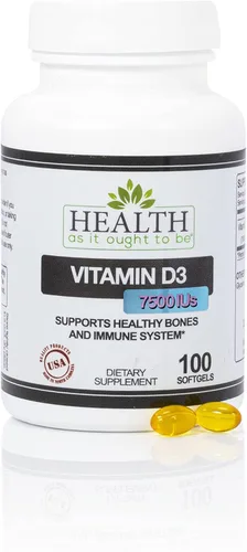 Health As It Ought To Be Suplemento de vitamina D3 7500 UI 188mcg - Formulado por un médico - Apoya la salud ósea e inmunológica - 100 cápsulas