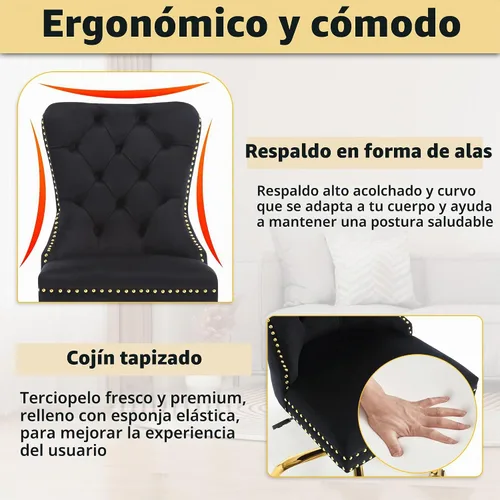 Vista 3 de ABET - Silla giratoria de terciopelo para escritorio, respaldo alto copetudo, sin brazos dorados, color negro