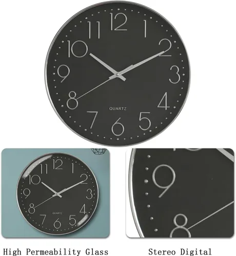 Vista 3 de Reloj de pared moderno de 12 pulgadas, silencioso, sin tictac, funciona con pilas, relojes de pared grandes, redondo, fácil de leer, reloj