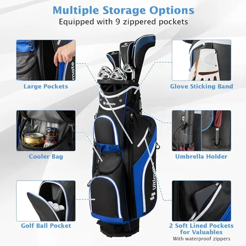Vista 3 de GYMAX Bolsa de golf, bolsa de carrito de golf con divisor de 14 vías con 9 bolsillos con cremallera, capucha para lluvia, calcomanía para guantes