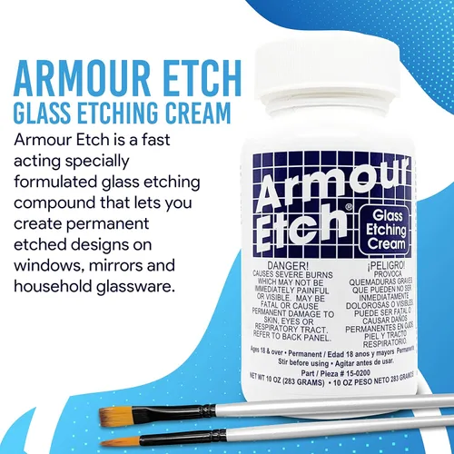 Vista 4 de Armour Etch - Kit de crema para grabado de vidrio, crea diseños grabados permanentemente, peso neto de 10 onzas, incluido con cepillos de aplicación