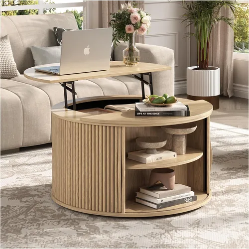 Vista 12 de Mesa auxiliar ovalada con almacenamiento, mesa de centro acanalada de 42.5 pulgadas con parte superior de elevación y patas de madera maciza, mesa