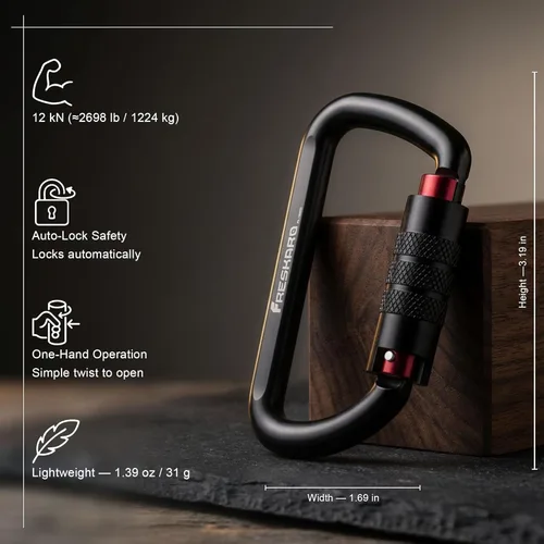Vista 2 de FresKaro Clips de Mosquetón con Bloqueo Automático de 3 pulgadas, 12 kN-2698 libras, Forma D Sólida, Aluminio 7075 de Servicio Pesado, Ligero, 1.09