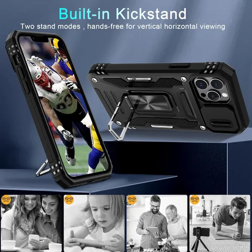 Vista 4 de DEERLAMN Funda para iPhone 13 Pro Max con cubierta deslizante para cámara + protector de pantalla (1 unidad), anillo giratorio con soporte de grado